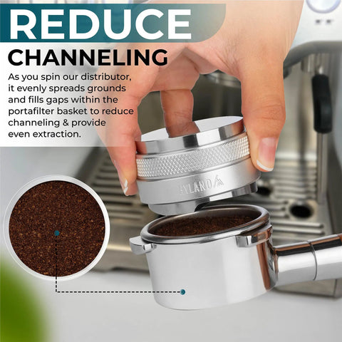 53mm Coffee Distributor And Tamper For 54mm Portafilters in use, showing adjustable depth and dual head leveler.