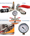 Front view of BACOENG 1-gallon stainless steel vacuum chamber kit with gauge, red-lever valves and fittings
