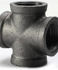 Black 4 Way Cross Pipe Fitting Connector For Furniture And Decor, Malleable Iron With Threaded Holes, Vintage Industrial Style