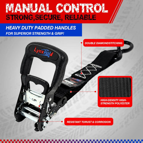 Heavy Duty Ratchet Tie Down Straps Built Like A Badass Workhorse With Rust Resistant Zinc Ratchets and padded handle.