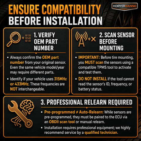 Ensure compatibility before installation instructions for Dead On Accurate Tire Pressure Monitoring System Sensor 315 Mhz.