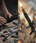 Hands assembling One To One Scale MK14 Style Gun Block Set with 1568 pieces, ultra detailed military sniper rifle model.