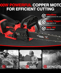 12 Inch Brushless Cordless Chainsaw Tool Only with 1000W Copper Motor and auto oiler, showing safety features.