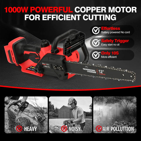 12 Inch Brushless Cordless Chainsaw Tool Only with 1000W Copper Motor and auto oiler, showing safety features.