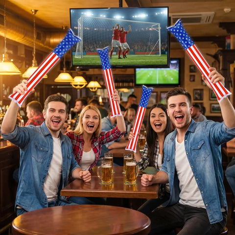 Group of people cheering with 120 Pcs Inflatable Thunder Sticks for Parties and Games Red White and Blue USA Flag Boom Sticks