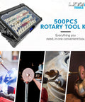 500 Piece Rotary Tool Accessories Kit With Cantilever Organizer Case for DIY projects, featuring versatile bits and attachments.