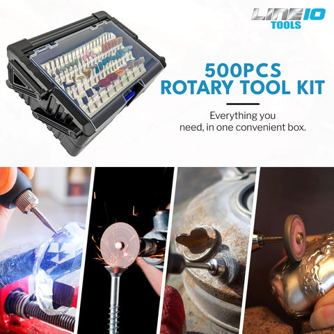 500 Piece Rotary Tool Accessories Kit With Cantilever Organizer Case for DIY projects, featuring versatile bits and attachments.
