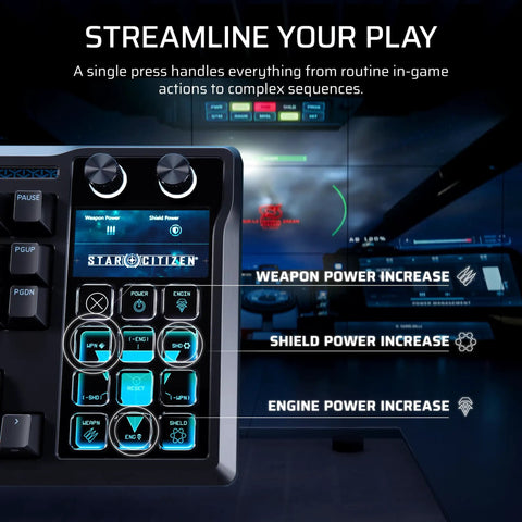 Close-up of Black Galleon 100 RGB Mechanical Wired Gaming Keyboard With Insane Tactile Feedback And Built In Elgato Stream Deck Integration For A Truly Goated Player One Experience showing power control buttons.