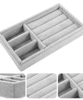 Keep Your Daily Bling Neatly Stashed In This Slick Gray Velvet Jewelry Organizer Tray With Elastic Grid For Rings Earrings Necklaces Watches Glasses Totally Solid For Home Or Store Display, showing compartments for accessories.