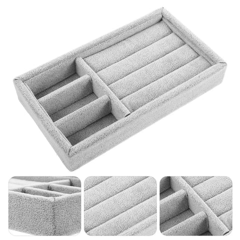 Keep Your Daily Bling Neatly Stashed In This Slick Gray Velvet Jewelry Organizer Tray With Elastic Grid For Rings Earrings Necklaces Watches Glasses Totally Solid For Home Or Store Display, showing compartments for accessories.