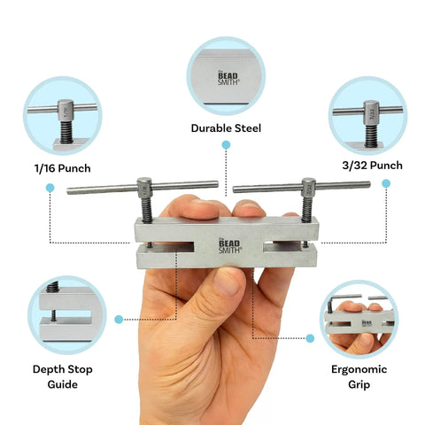 Hand holding Two In One Hole Punch Tool With Dual Tips For Jewelry Making And Leather Crafts featuring 1/8 and 5/32 inch punch sizes.