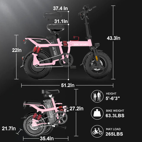 Folding Electric Bike For Adults With 800W Peak Motor Up To 20 MPH, Removable 48V 14Ah Battery, dimensions and folded view