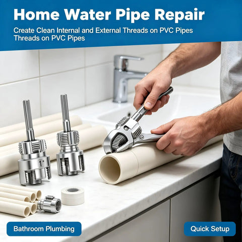 3 Piece Pvc Pipe Threader Set With 1/2 In, 3/4 In & 1 In Npt Dies Carbon Steel Drill Compatible Threading Tool Kit including threading tools with PVC pipes.