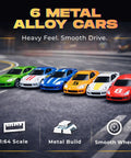 Six diecast cars from First Speed Race Track Builder Playset For Kids With Six Diecast Cars And Accessories, Easy Snap Together Raceway Kit