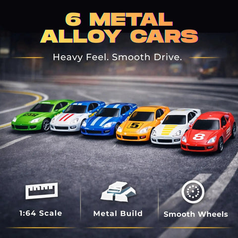 Six diecast cars from First Speed Race Track Builder Playset For Kids With Six Diecast Cars And Accessories, Easy Snap Together Raceway Kit