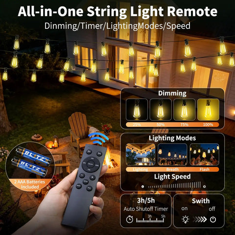 Outdoor Solar String Lights 50 Feet ST38 Shatterproof Bulbs Copper Wire Waterproof Patio Garden Lighting USB Charging Remote Control With 3 Modes Dimmable Solar Light No Outlet Needed For Camping Backyard And Patio Ambiance shown with remote control against a lit outdoor patio.