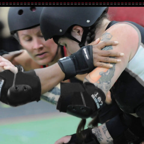 Roller derby players wearing Slide On Derby Wrist Guards For Roller Derby, Unrestricted Finger Motion, Cupped Palm And Wrist Protection