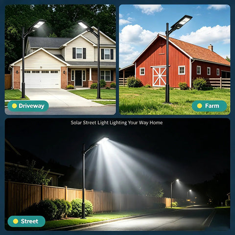 2 Pack Solar Street Light 180000 Lumens Outdoor LED Flood Light illuminating driveway, farm, and street at night