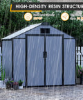 8x6 Ft Outdoor Resin Storage Shed With Lockable Doors And Windows, Durable Plastic Garden Storage, wood grain exterior in rain