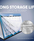 CR2450 3V Lithium Coin Cell Batteries 2 Pack, calendar showing August, highlighting 8-year storage life.