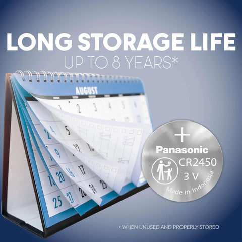 CR2450 3V Lithium Coin Cell Batteries 2 Pack, calendar showing August, highlighting 8-year storage life.