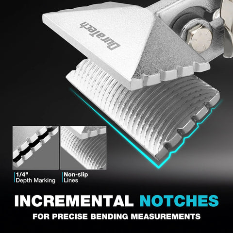 DURATECH 3-inch sheet metal bender close-up with straight jaw, ergonomic TPR handle, and notched edge