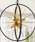 Modern Sputnik Style 6 Light Starburst Chandelier, 18-Inch Globe Fixture In Black And Gold with rotatable circles, mid-century design