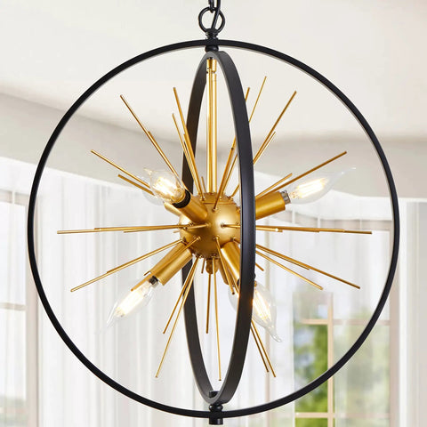 Modern Sputnik Style 6 Light Starburst Chandelier, 18-Inch Globe Fixture In Black And Gold with rotatable circles, mid-century design