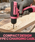 Pink 8V Cordless Drill And Screwdriver Combo Kit With 43 Piece Slick Accessory Bundle Featuring Bright Led Light For Zero Fuss Woodworking Projects Perfect For Weekend Warriors in use on wood.