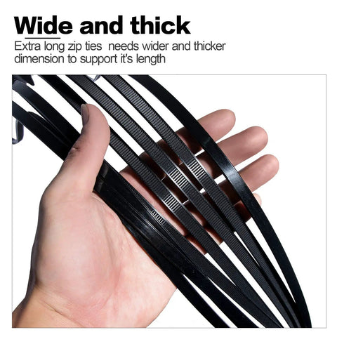 Person holding Extra Large Zip Ties Heavy Duty Outdoor Cable Ties 48 Inch Long Thick 0.08 Inch Plastic Ties 200 Lb Capacity