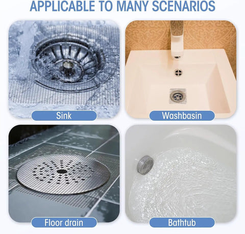 Image showing various drains: sink, washbasin, floor drain, and bathtub using Ten Pack Square Disposable Shower Drain Hair Catcher Stickers.