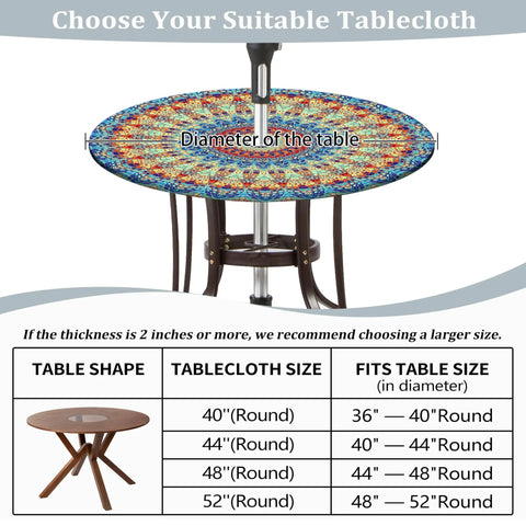 Round Outdoor Tablecloth With Umbrella Hole Waterproof Oilproof Fitted Elastic Zippered Cover For Patio Garden Picnic Camping Blue 48 Inches Round Table Protector on round table with size chart.