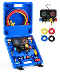 4 Way Automotive AC Manifold Gauge Set With Hoses, Quick Couplers, and Taps in Blue Case, for R1234yf R134a R404a Freon Charging