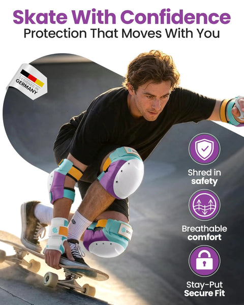 Person skateboarding wearing Bike Knee Pads For Skating Pro Grade Shield Safe Gear For Skateboard Roller Inline Skating Adults Size Medium Large Lavender Blue Includes Wrist Guards And Elbow Pads.