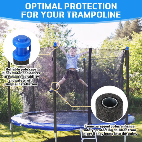 Top Shelf 2 Set Trampoline Pole Replacement Kit With Upper And Lower Straight Tubes Universal Enclosure Accessories Foam Sleeves Pole Caps And Heavy Duty Hardware Fits 8 To 16 Feet No Sweat Setup with blue pole caps and foam sleeves