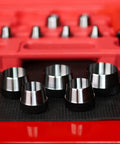 Close-up view of Pro Grade Hollow Punch Kit For Leather And Gasket Making, 13-in-1 hole punch set with multiple metal punches.