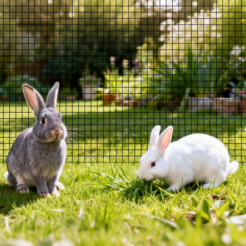 Two rabbits in grassy yard behind Heavy Duty Vinyl Coated Chicken Wire Mesh Roll Seventy Two By One Hundred Feet Galvanized Hardware Cloth.