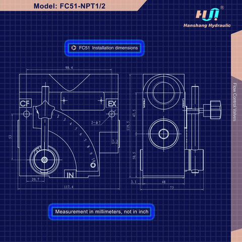 FC51-NPT1/2 hydraulic adjustable flow directional control valve blueprint, front and side views, 1/2 in. NPT ports.