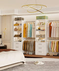 Slick Modular Closet Organizer System With Hella Flexible Span Up To Nine Feet featuring three drawers and four hanging rods in a white walk-in closet.