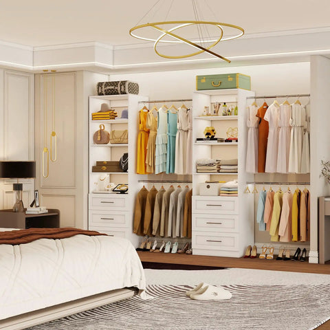 Slick Modular Closet Organizer System With Hella Flexible Span Up To Nine Feet featuring three drawers and four hanging rods in a white walk-in closet.