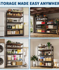 Top Shelf Five Tier Heavy Duty Steel Shelving Rack with Adjustable Layers and Thirty Six by Twelve by Seventy Two Setup used for garage and pantry organization.