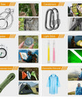 All In One Emergency Survival Kit With 360 Pcs Bug Out Bag First Aid Gear Camping Axe Survival Shovel And Tools showing wire saw, carabiners, compass, light stick, parachute cord, raincoat details