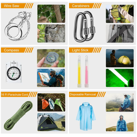 All In One Emergency Survival Kit With 360 Pcs Bug Out Bag First Aid Gear Camping Axe Survival Shovel And Tools showing wire saw, carabiners, compass, light stick, parachute cord, raincoat details