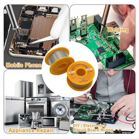 Collage showing No Clean Solder Wire for electrical soldering in mobile phone, welding, appliance repair, DIY electronics projects.