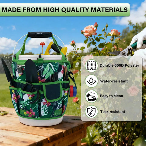 Five-Gallon Bucket Tool Organizer With 18 Pocket Garden Caddy and hangable handle on table with gardening tools in green