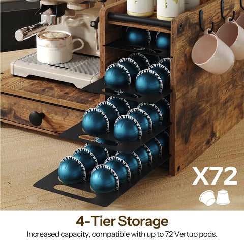Coffee Pod Drawer Organizer, 4 Tier Holder For Vertuo, 72 Pod Capacity, with storage drawer and hooks, rustic brown and black.
