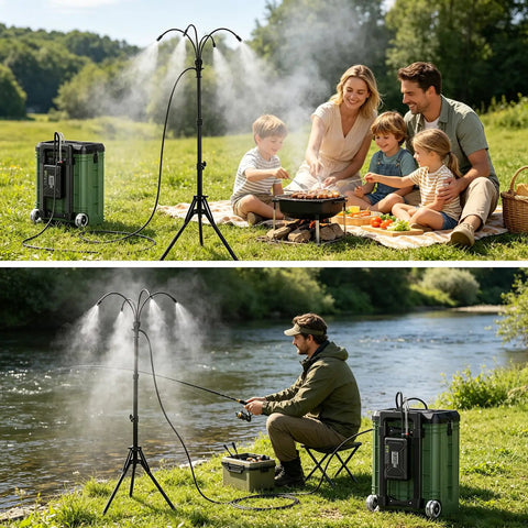 Standing Outdoor Patio Misting System Portable Cooling Unit with family at picnic and man fishing by river.