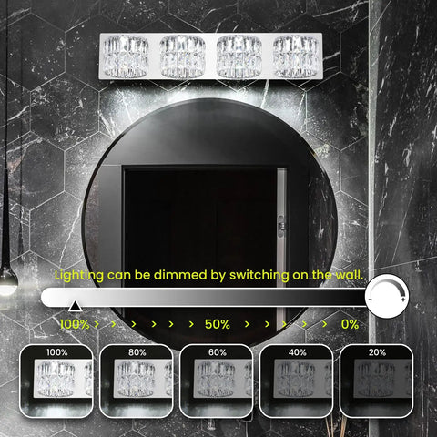 Dope Modern Luxury Dimmable LED Crystal Bathroom Light Fixtures Four Light Chrome Stainless Steel Over Mirror Cool White 6000K above round mirror