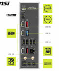 Back panel ports of Beast AM5 Gaming Motherboard with WiFi 7 and 5G LAN DDR5 Boost, featuring USB, HDMI, and audio connections.
