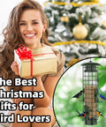 Woman holding gift next to image of Gravity Fed Squirrel Proof Bird Feeder for Outdoors with birds on green metal mesh design.